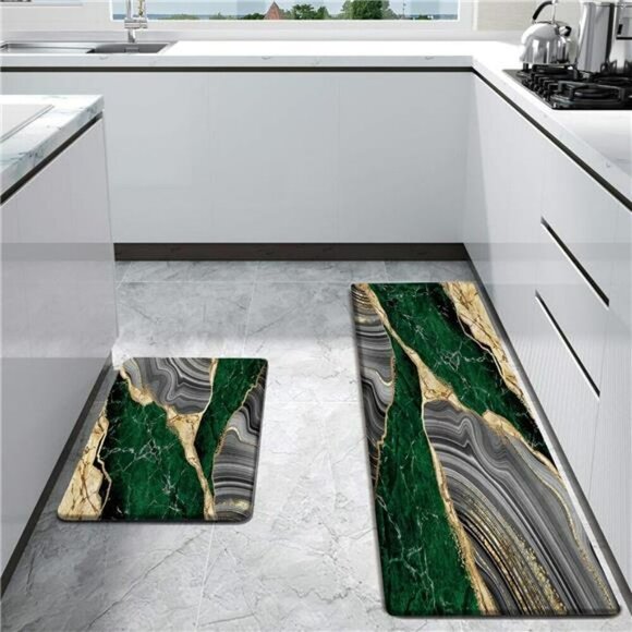 Green Marble Anti Fatigue Kitchen Mat Set Cushioned Waterproof Floor Runner - Picture 2 of 7